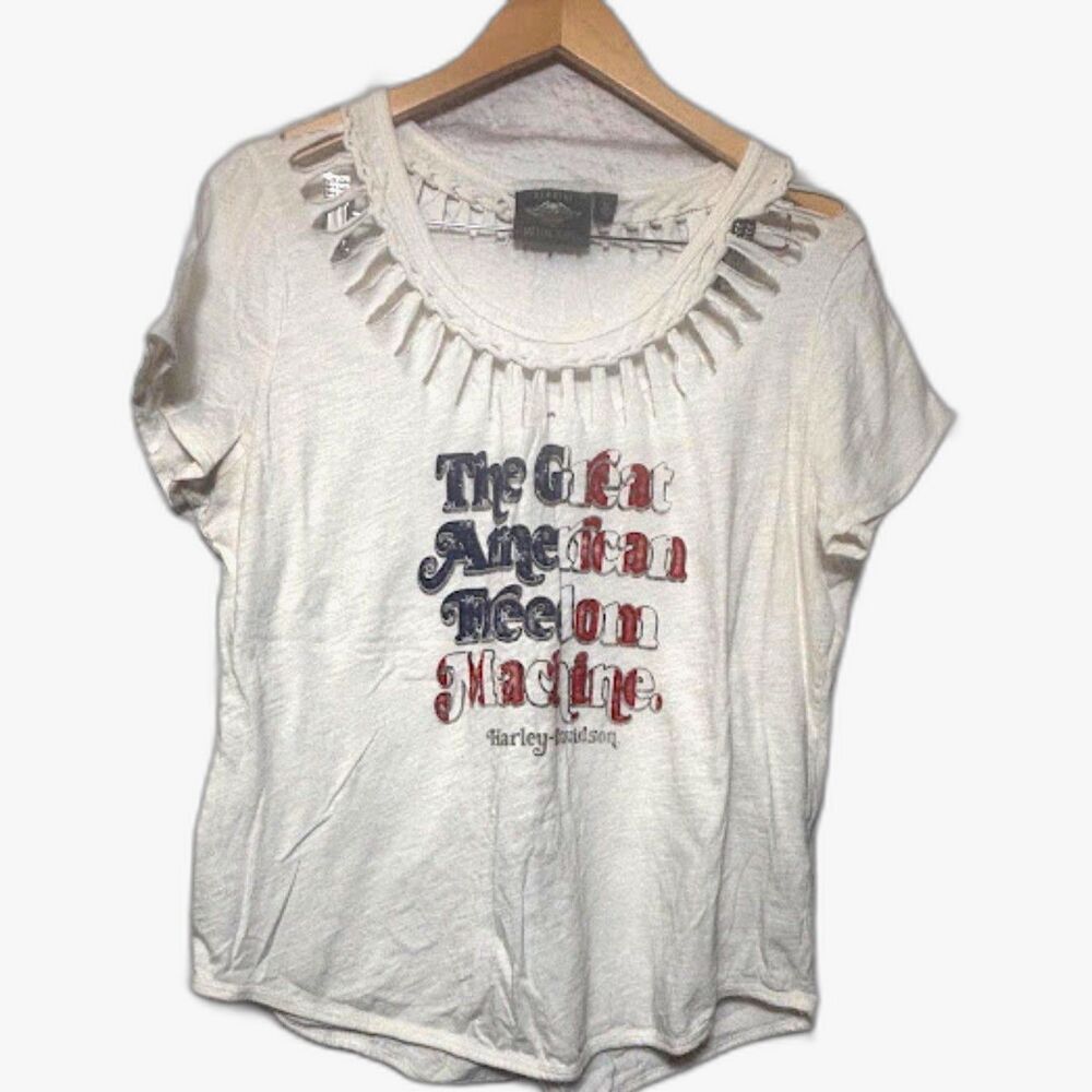Harley Davidson Motorcycle Tee T Shirt Size XL Red White Blue Cutouts Moto Top